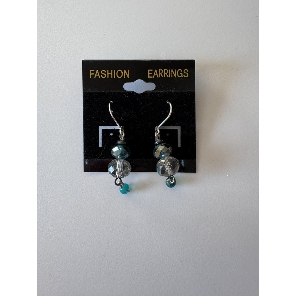 Women's Fashion Blue Teal & Silver Bead Dangle Earrings, Shimmering New - Picture 1 of 2